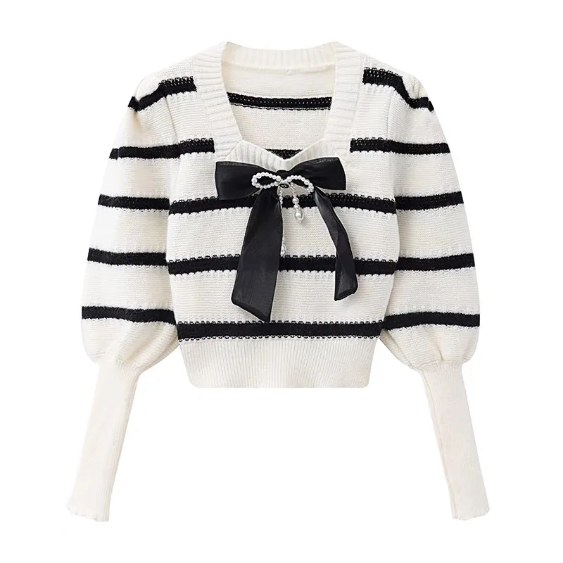 Women Clothing Korean Fahsion French Casual Sweaters Spring Tops Pearl Bow Short Knitwear Female Knitted Y2k Chic Pullovers