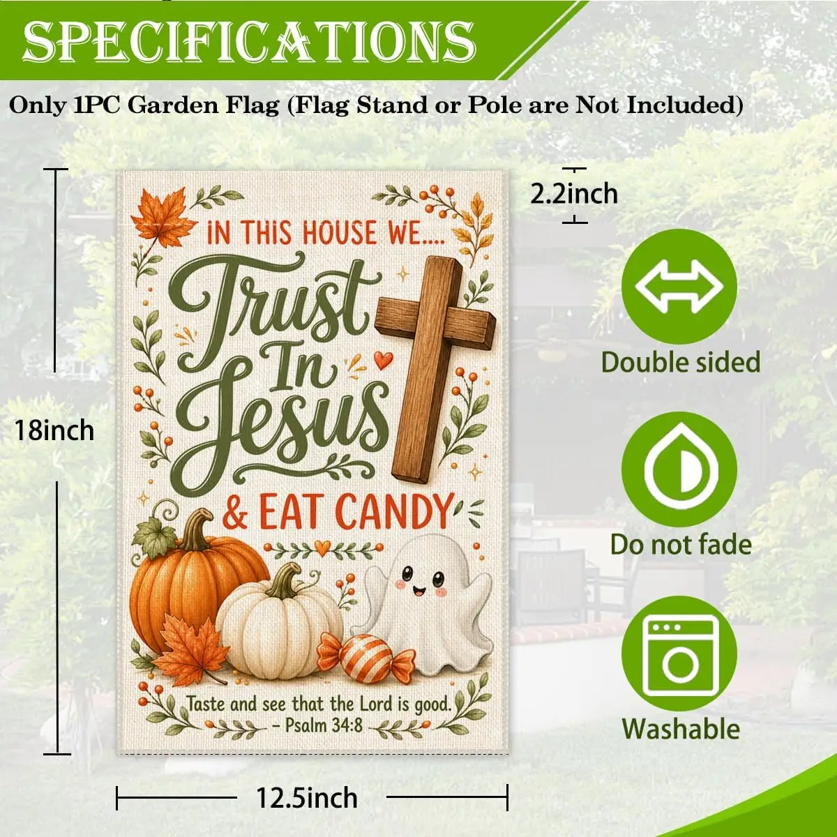In This House We Trust In Jesus and Eat Candy Garden Flag, 12x18 Inch Double Sided Christian Halloween Yard Flag