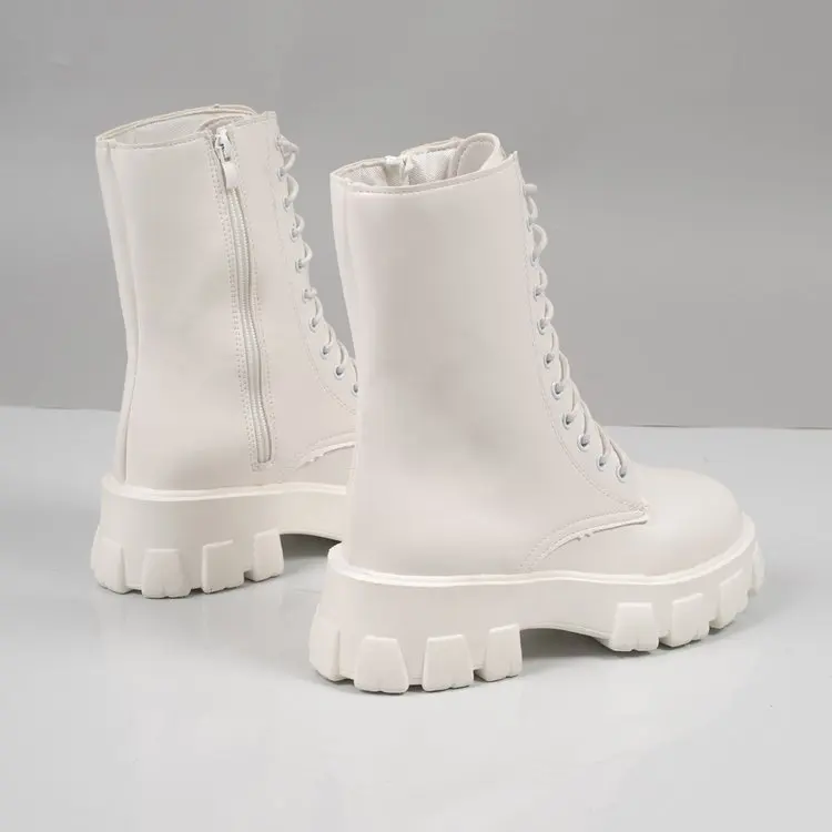 Weiße Plateau-Kampfstiefel für Damen mit Schnürung und seitlichem Reißverschluss, modische Stiefel in mittlerer Wadenhöhe – Detail 7