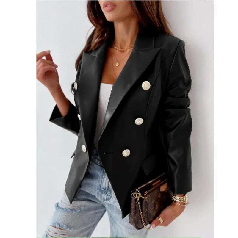 Autumn and Winter Women\'s Solid Color Long Sleeve Double Breasted Loose Leather Suit Coat Fashion Casual Formal Office Lady Tops