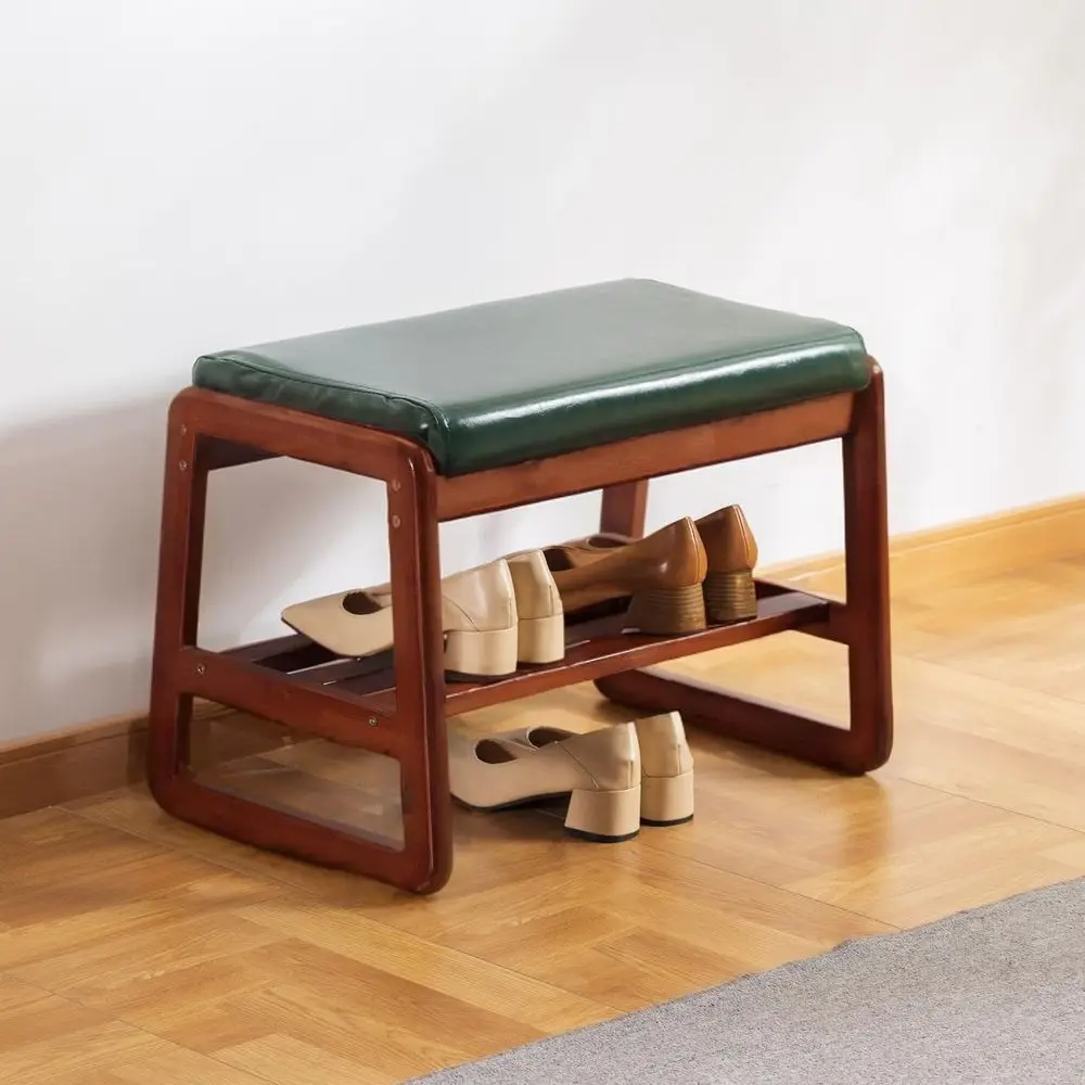 

latiolia Solid Wood Bench, Entryway Shoe Bench with Cushion, 2 Tier Shoe Storage Organizer or Hallway, Living Room(Green,21.65''