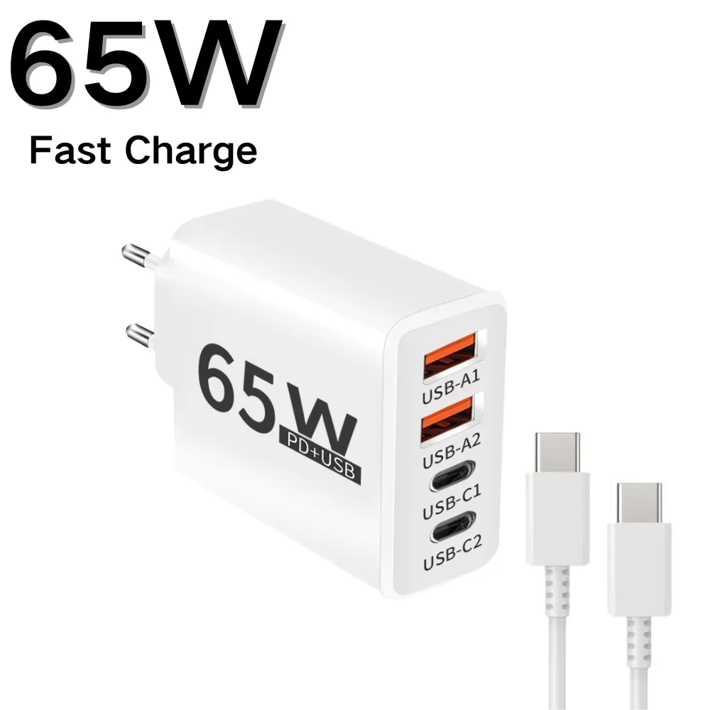 65 W Schnellladegerät mit mehreren Anschlüssen, universeller Hochgeschwindigkeits-Ladeadapter mit zwei USB-A-C-Anschlüssen, effizientes Schnellladegerät