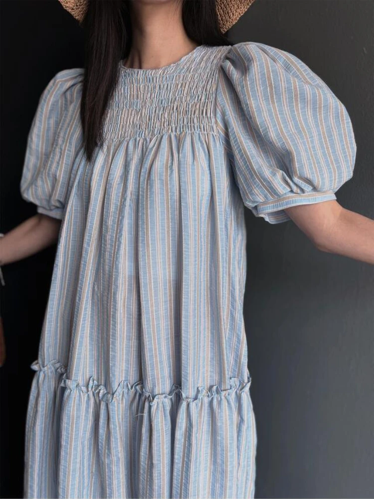 Korean Chic Summer Casual Dress for Women Retro Bubble Sleeve Fungus Edge Stripy Dress Age Reducing Round Neck Loose Dresses