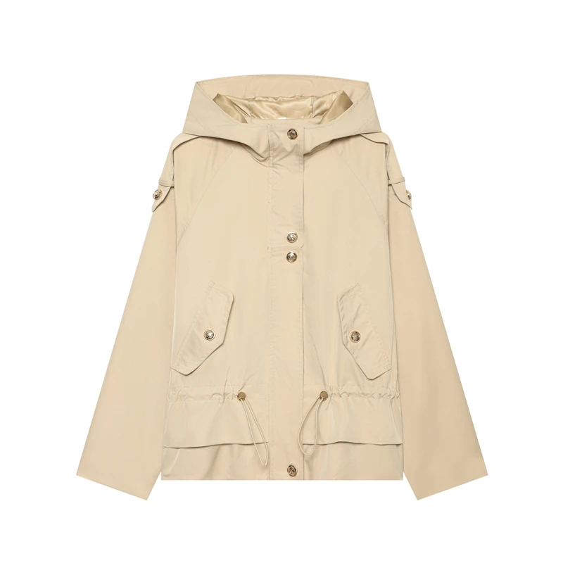 Ladies Hooded Windbreaker Short Trench Coat Drawstring Waist Metal Snap Buttons Multi Pockets Loose Daily Outer Tops