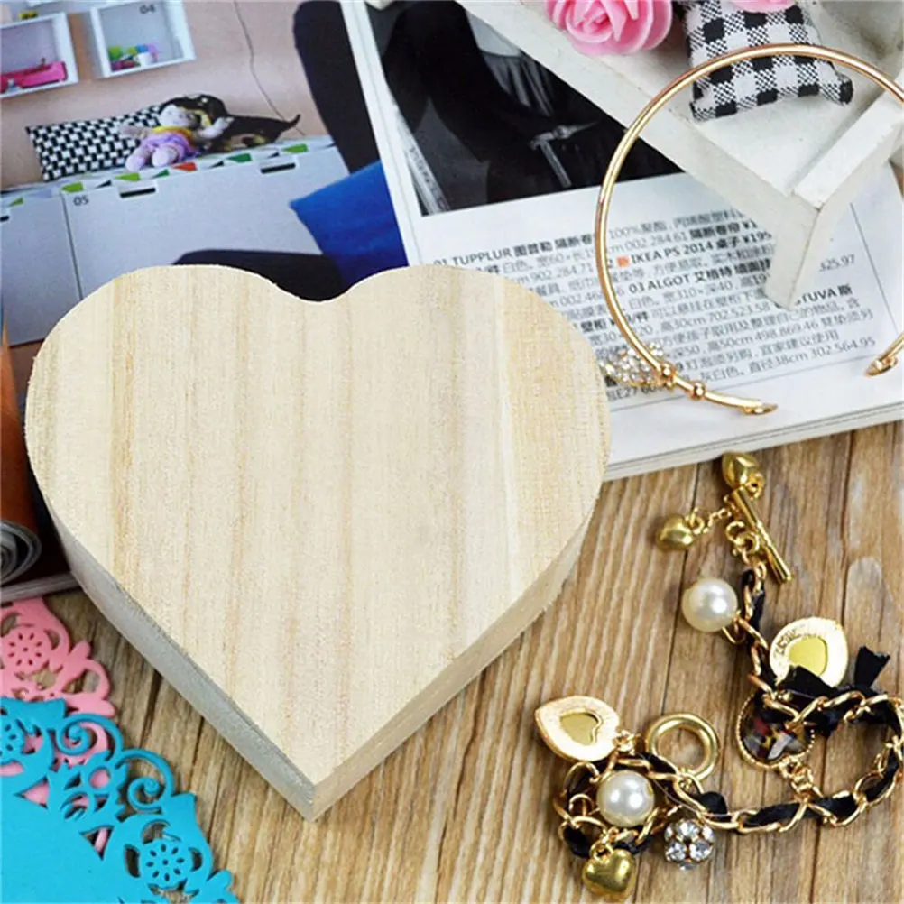 

Wooden Storage Box Unfinished Boxes Cases Chest with Lids Blank Heart-shaped Small