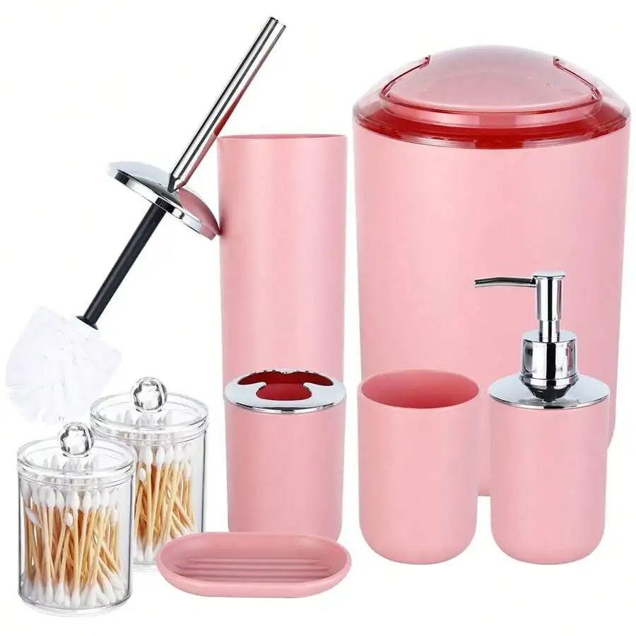 Pink Bathroom Accessories Set Of 8, With Toothbrush Holder, Toothbrush Cup, Soap Dispenser, Soap Dish, Toilet Brush Holder, Garb
