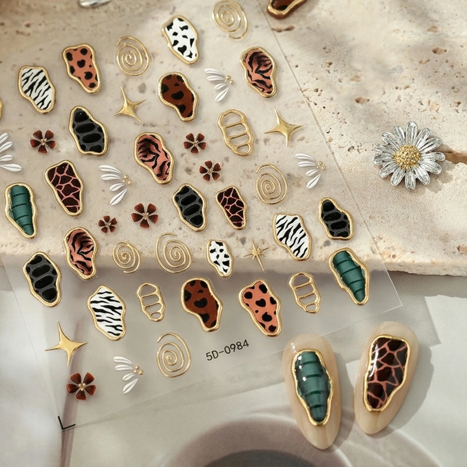 5D Embossed Gold Trim Leopard Nail Decal Sliders Gold-stamped Spiral Line Zebra Pattern Nail Stickers Self-Adhesive DIY Manicure