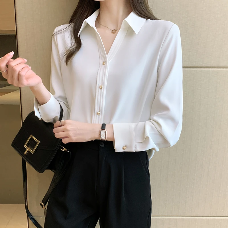 Korean Fashion Women Silk Shirts Satin Blouses Women Long Sleeve Shirts Tops Woman White Shirt Blouse Woman V-neck Ladies Shirt