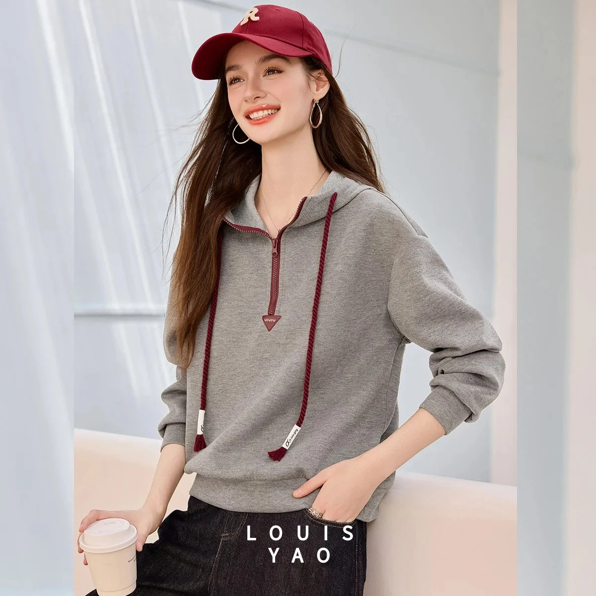 LOUISYAO Contrast-Color Zipper Design Women's Hoodies 2025 Autumn Casual Oversized Drop-Shoulder Knit Sweatshirts Chic Wear