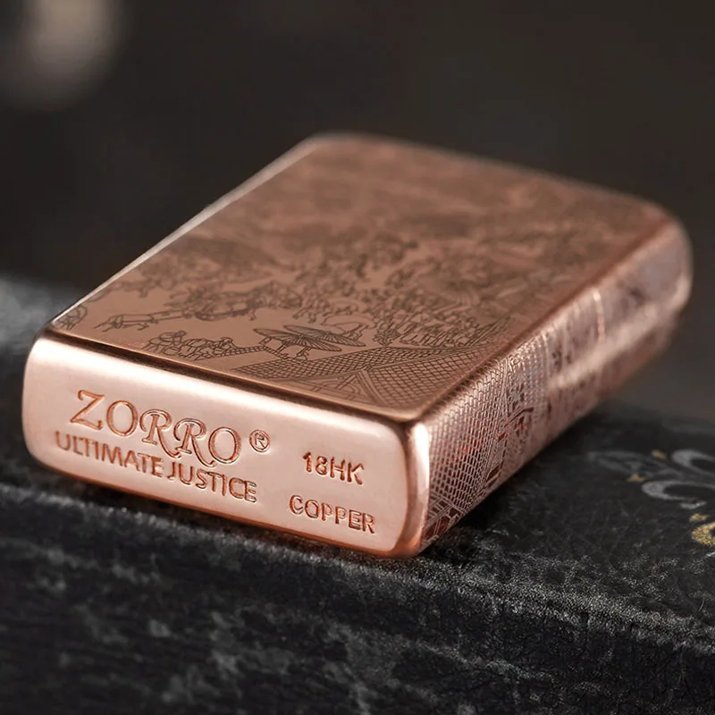 Zorro Windproof Red Copper Kerosen Lighter, Retro Grinding Wheel Hand-Engraving Craft, Men's Collection Gift Smoking Tool