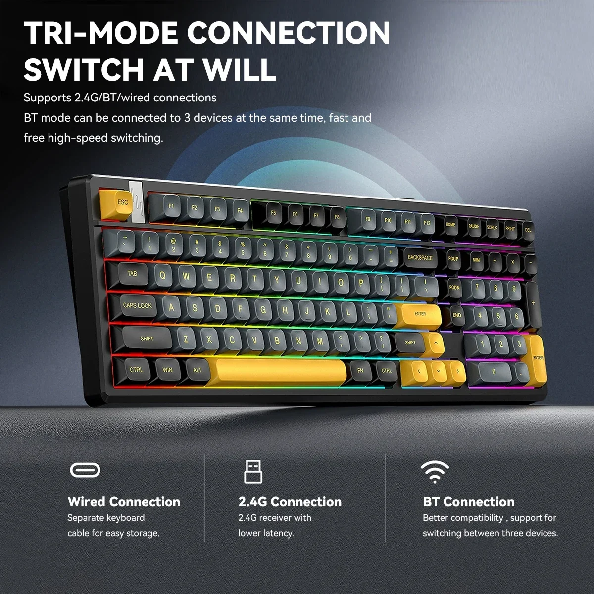 

Wireless Mechanical Gaming Keyboard with Spherical PBT Keycaps, Thocky Sound Profile, RGB Backlight,3-Mode Connectivity for PC