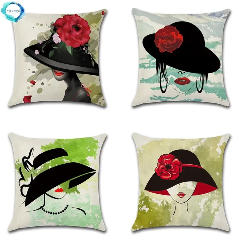 

Vintage Ladies Black Hat Portrait Cushion Cove Beauty Series Cotton Linen Pillowcase For Home Sofa Bedroom Hotel Car Decorative