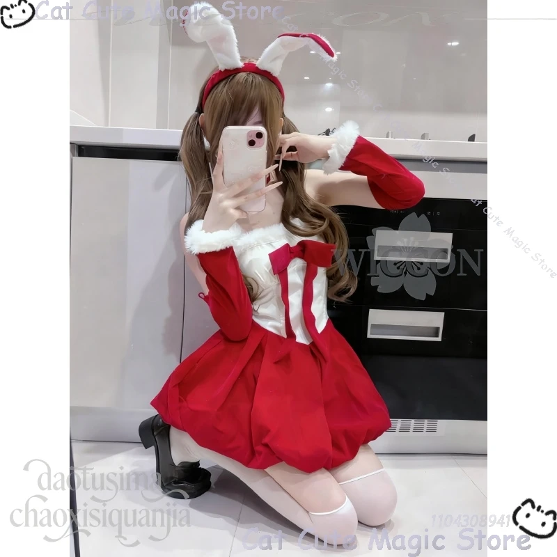 Anime 2025 Christmas Kawaii Original Design Uniform Red Velvet Maid Bunny Girl Dress Rabbit Headwear Halloween Navidad Carnaval
