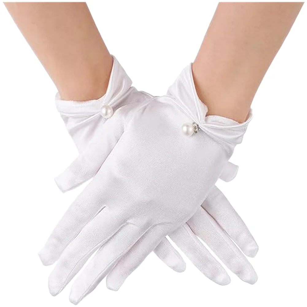 Womens Wedding Gloves Short Opera Style with Pearl Wrist Feature for Bridal Formal Dress and Special Occasion Use view 2