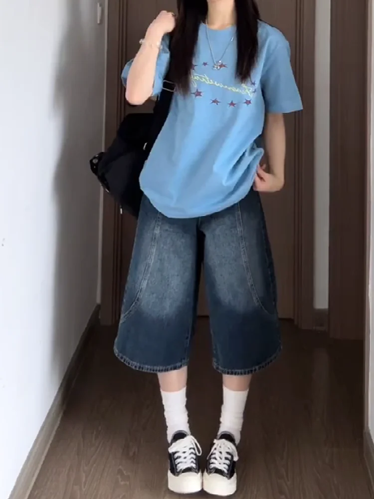 

Retro American Washed Denim Shorts High Waist Straight Leg Wide Leg Casual Summer Design Women's Loose Fit Seven-Foot Jeans