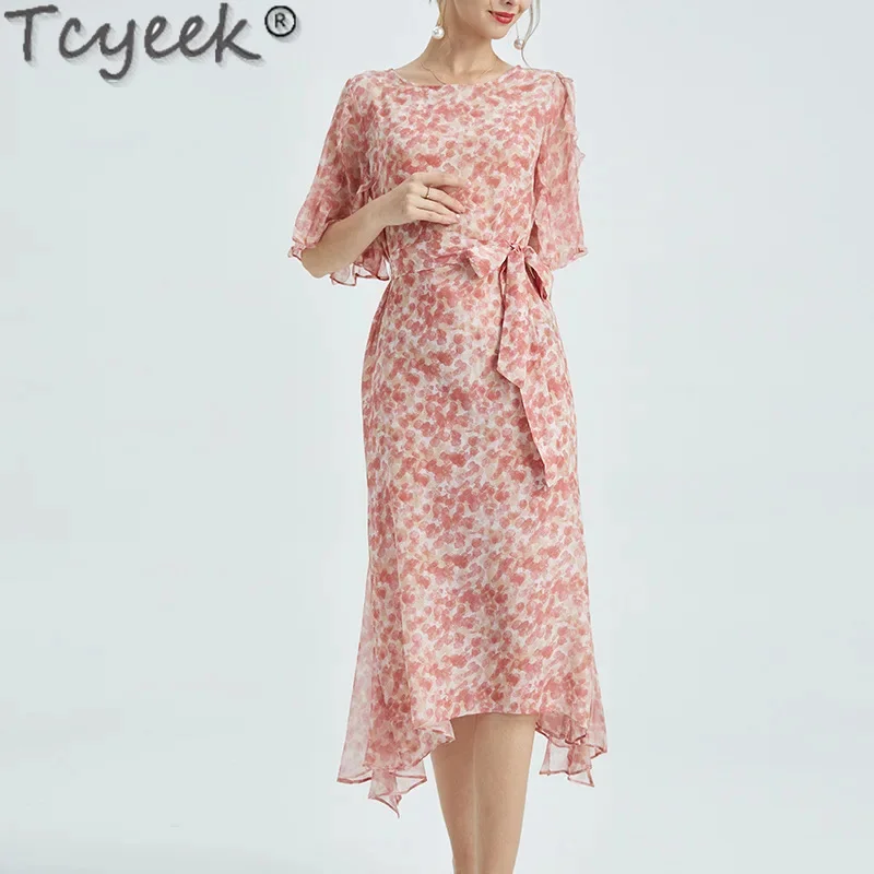 100% Tcyeek Mulberry Real Silk High-end Midi Summer Women Clothes Elegant and Pretty Women's es Floral Dress