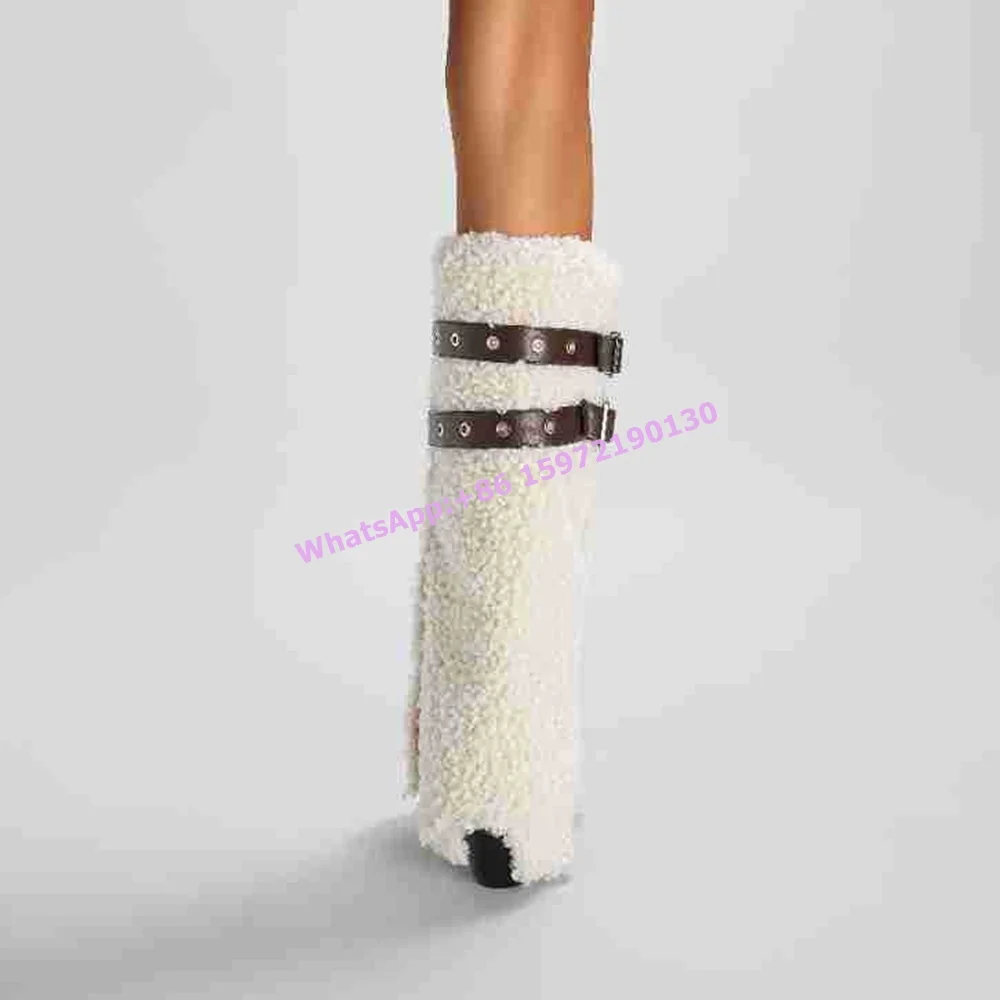 White Furry Belt Boots Slip On Patchwork Turn Over Edges Pointy Toe Chunky Heels Lovely Shoes Winter Warm Fashion Women's Shoes