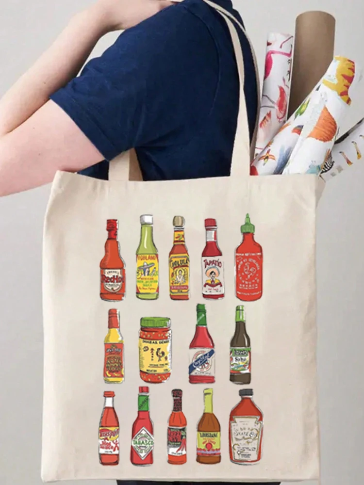 1pc Vintage Hot Sauce Pattern Tote Bag Cute Shopping Bag Carrier Bag Casual Canvas Shoulder Bag Handbag & Shopping Gift Bag