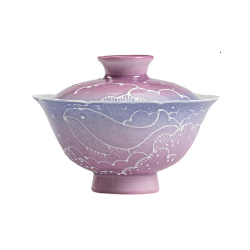 Dreamy Gradient Purple Hand-painted Whale Lid Bowl Kung Fu Tea Set Imitation Song Dynasty Flower Mouth High Footed Tea Bowl Gift