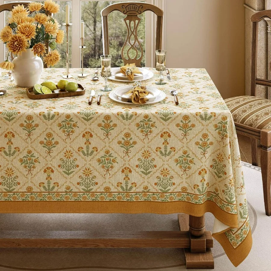 

Скатерть с цветочным принтом, прямоугольная, льняная оранжевая скатерть для фермерского дома, тяжелая моющаяся скатерть для весеннего обеда