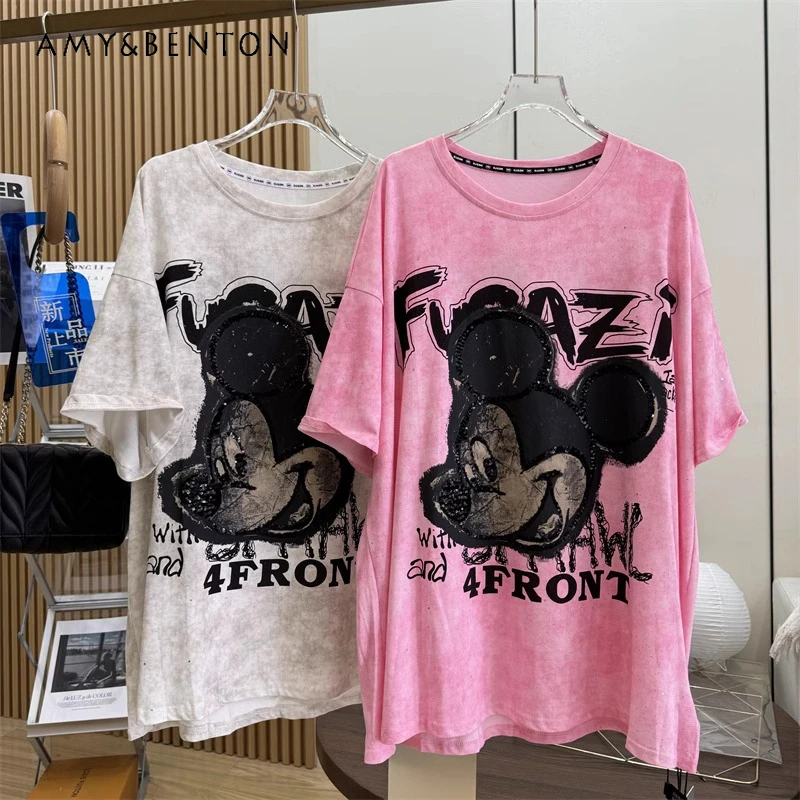 2024 Summer New Heavy Embroidery Sequins Printed Cartoon T-shirt Loose Casual Mid-Length Half Sleeved Top Age-Reducing Pullovers