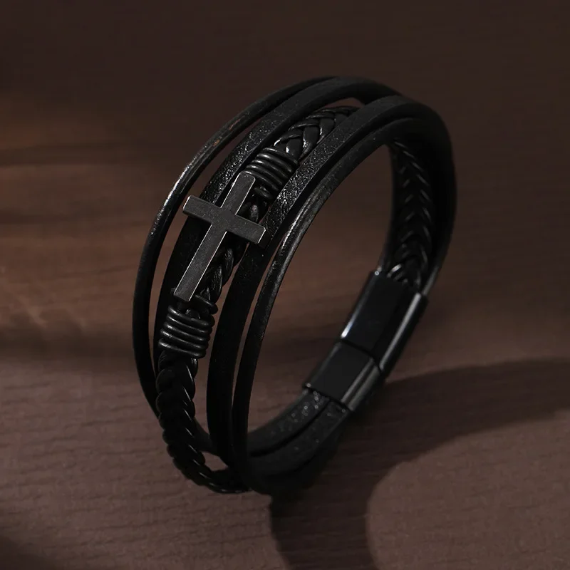 Men Bracelets Luxury Multicolor Cross Design Classic Stainless Steel Multi Layer Men Leather Bracelet 19/21/23cm Handsome Gifts