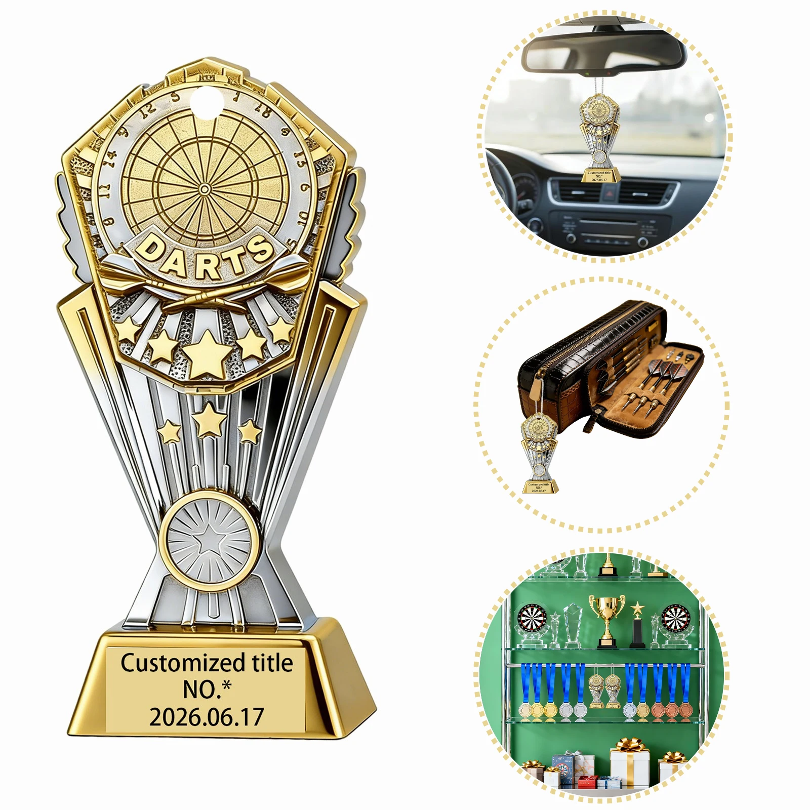 Charms Personalized Dart Themed Trophy Shaped Acrylic Bag Custom Print Title Text Name Date Car Charms Mirror Hanging Accessorie