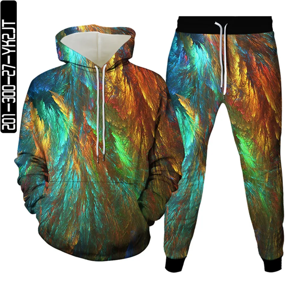 Men Fashion Colorful Paint Whirlpool Chequered Vortex 0 1 Print Clothes Sets Women Hoodies+Trousers 2pcs Suit Plus Size