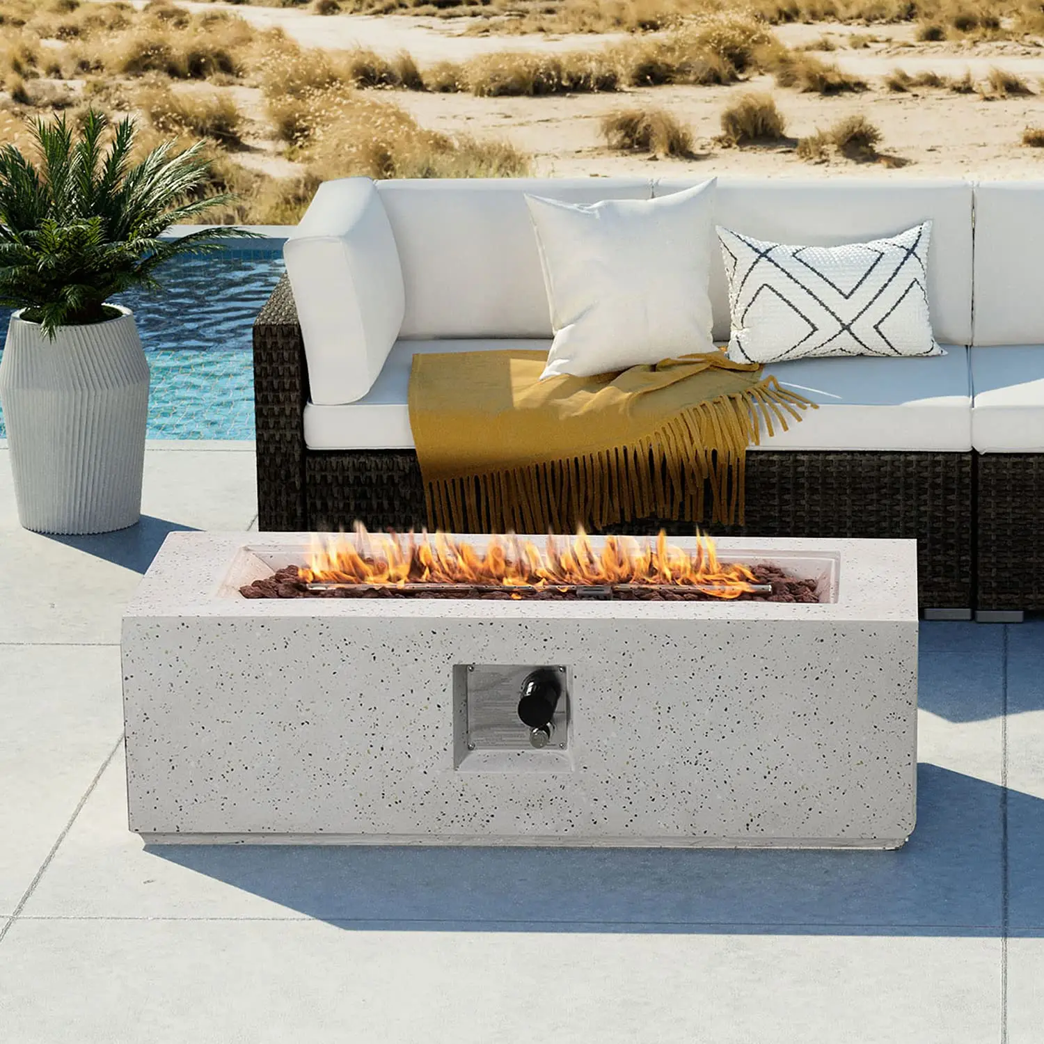 Outdoor Propane Fire Pit Coffee Table, 42-inch x 13-inch Terrazzo Rec Base Patio Heater w Certified, 50,000 BTtainl