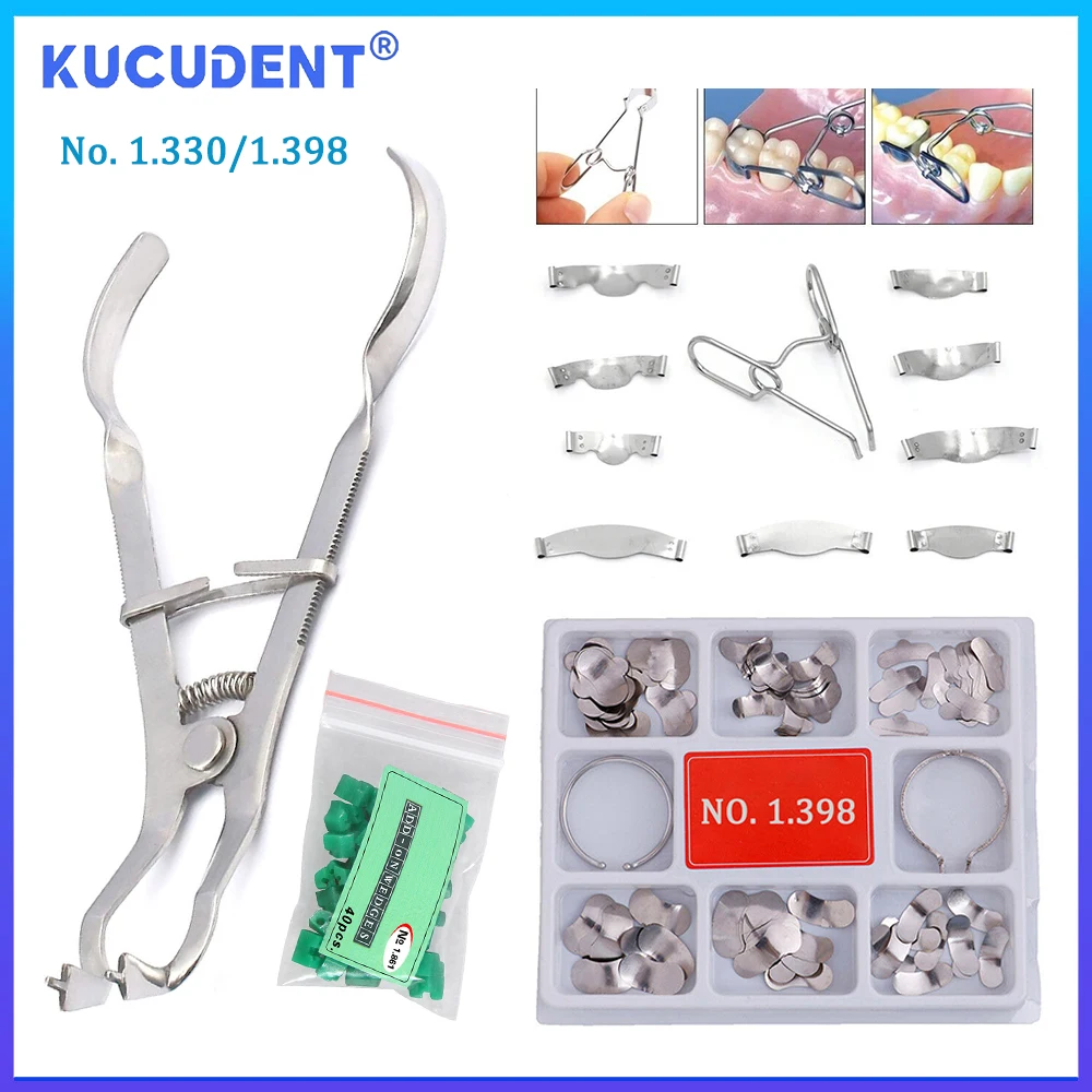 KUCUDENT Dental przekrój profilowana matryca pierścień matrycowy zacisk sprężynowy nr 1.330/1.398 dodatkowy klin gumowy zacisk zapory szczypce szczypce