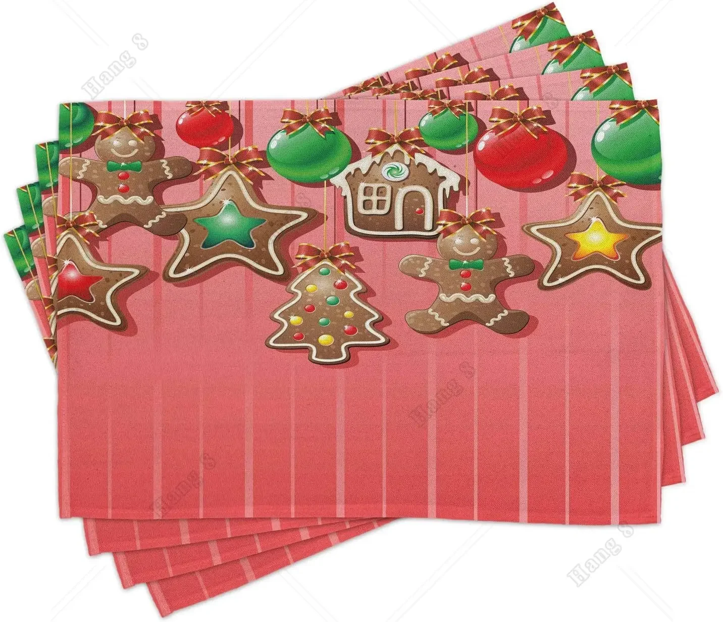 

Gingerbread Man Place Mats Set of 4 Christmas Cookies and Baubles Bowties Symbolic Pastry Design Washable Fabric Placemats