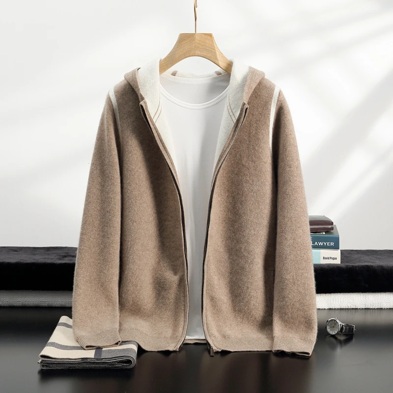 100% Cashmere Mens Zip Hood Cardigan Thick Air Layer Jacquard Hoodie Soft Warm Knit Coat Autumn Winter Daily Casual Street Wear.
