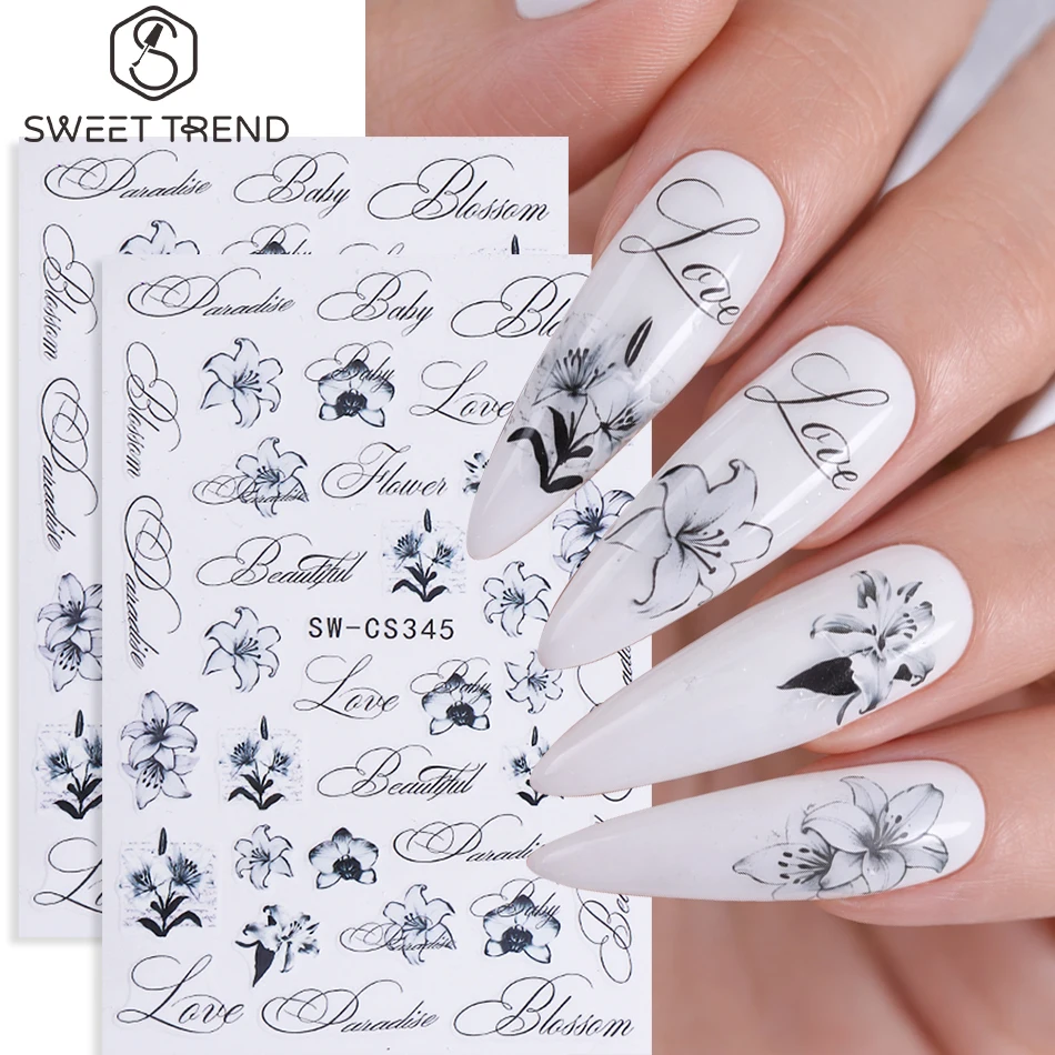 2 Stück Retro-Blumen-Nagelaufkleber, Frühling, Sommer, Tintenstil, Lilien-Blumenmuster, Buchstaben, selbstklebende Nagelaufkleber, DIY-Maniküre-Dekoration