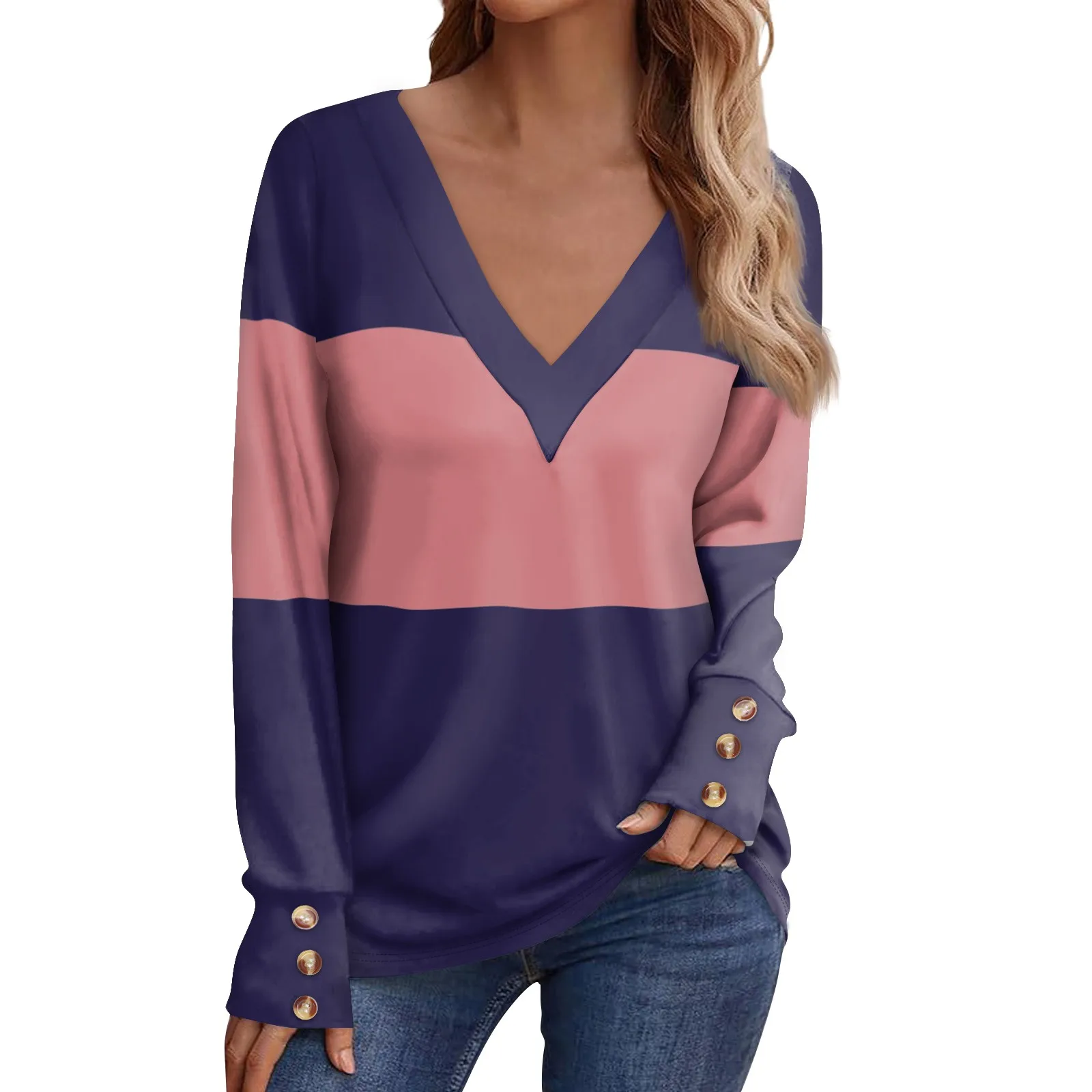 Ladies' Casual Long Sleeved V-neck Printed Decorative Button T-shirt Top Tops for Women Womens Tops and Blouses 2024 Dressy Tops