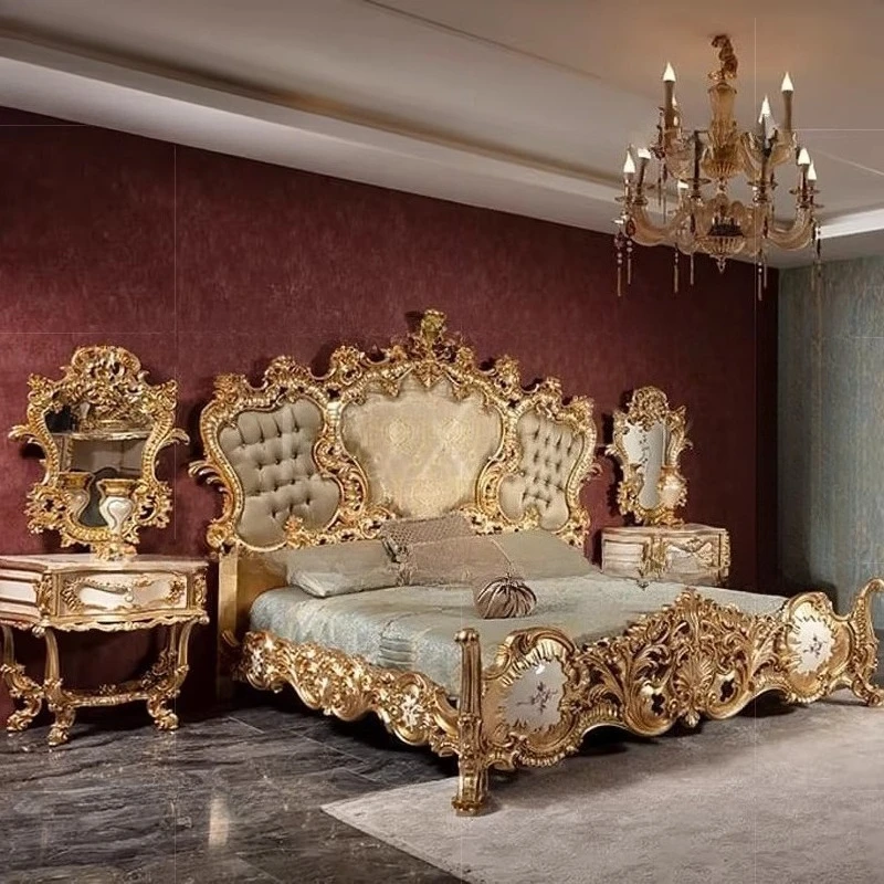 Solid wood carving flower fabric double bed French villa palace high-end custom bed bedroom