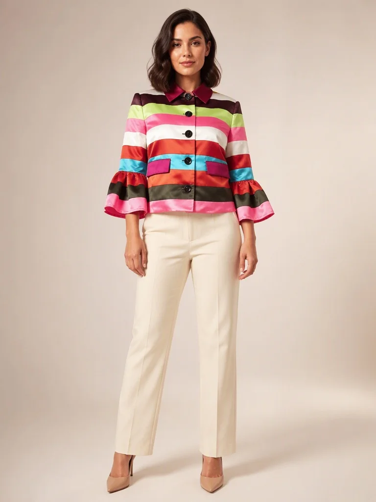 Women's Vibrant Multi‑Color Stripe Cropped Outerwear Turn‑Down Collar Flare 3/4 Sleeve Button Elegant Jacket For Daily Party