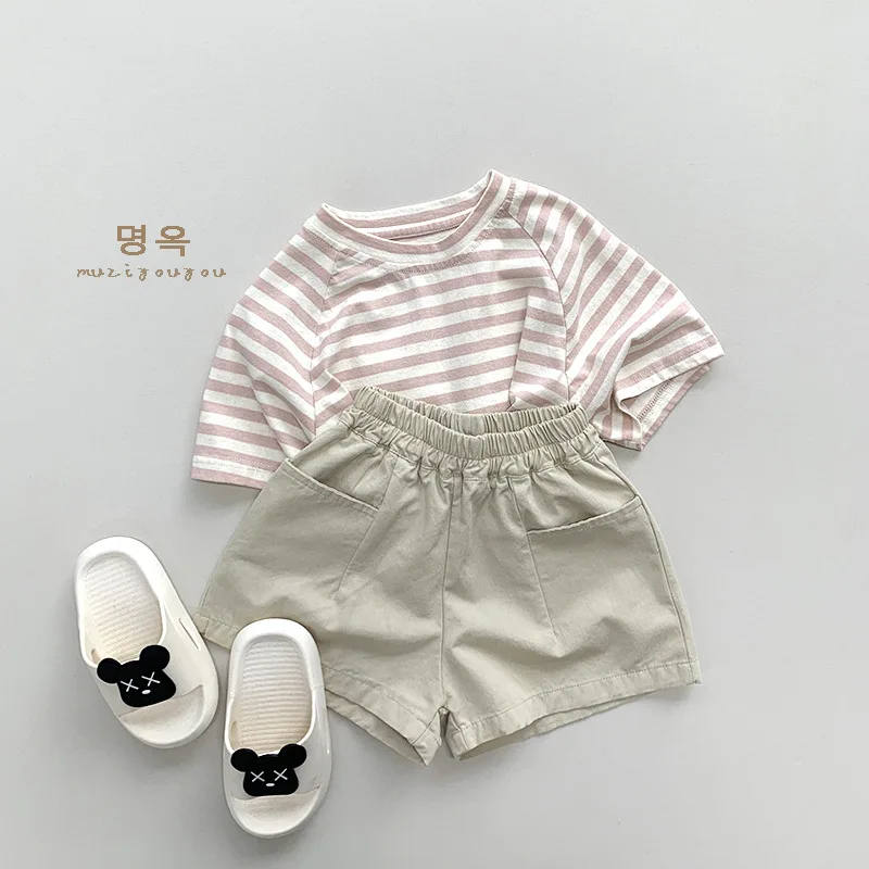 2024 Summer New Children Vintage Solid Color Shorts For Boys Girls Casual Shorts Loose Baby Pocket Short Pants Kids Clothes