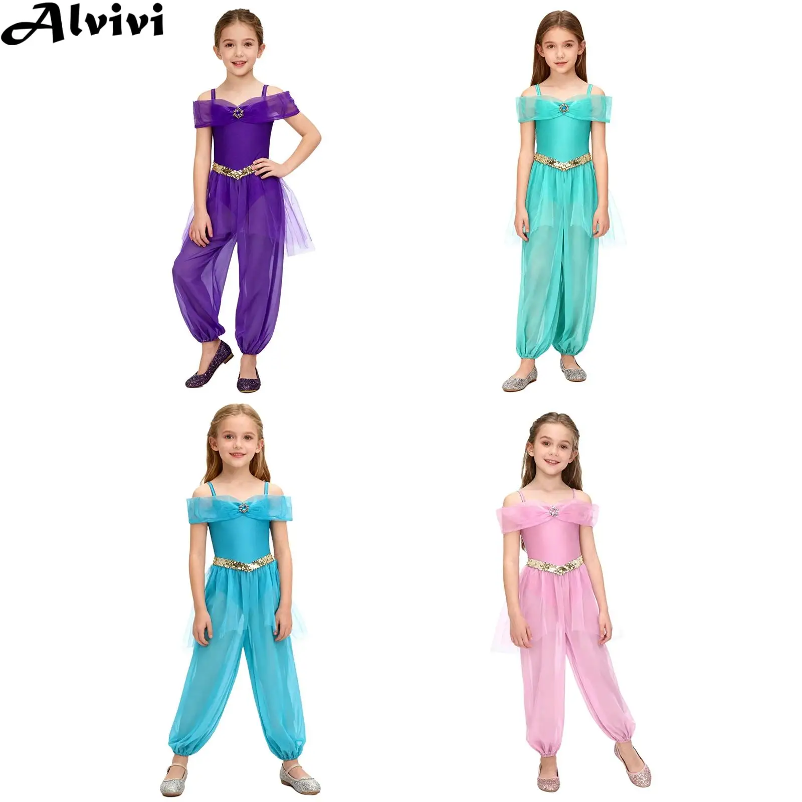 Children Girls Indian Belly Dance Jumpsuit Halloween Carnival Arabian Princess Cosplay Costume Sequin Mesh Overlay Bodysuit
