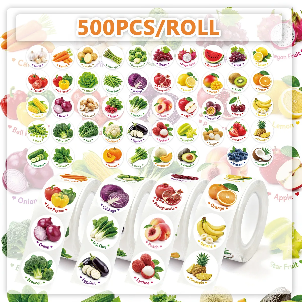 JCAC 500pcs/roll Colorful Cartoon Fruit & Vegetable Stickers, Self-Adhesive DIY Learning Decals