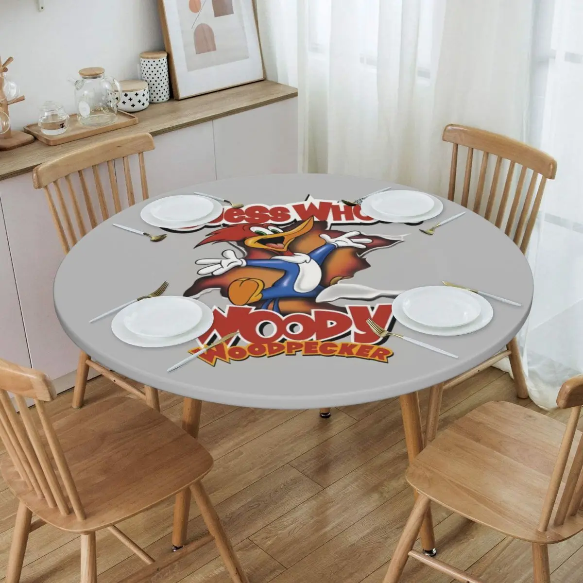 Round Waterproof Oil-Proof Disney Cartoon Woody Woodpecker Animation Tablecloth Backed Elastic Edge Table Cover Fit Table Cloth