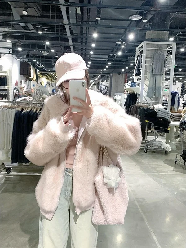 

Double-Sided Fluffy Jaet Women's Autumn Winter Thiened Fce Hooded Sweatirt Korean Sle Sweet Lazy Loose Fit Coat