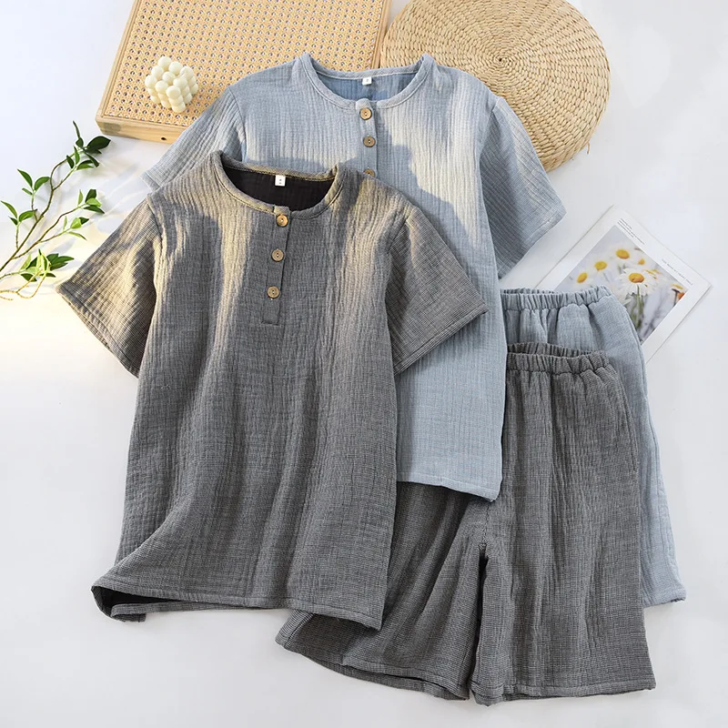 Gray Blue Colors Unprinted Cotton Up Button Men's Shorts Pajamas Set for Summer Thin Short-sleeved Shorts Loungewear Set