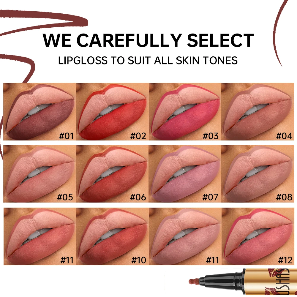 قلم تحديد شفاه USHAS مكون من 12 لونًا غير لامع يدوم طويلاً ومقاوم للماء ومقاوم للعرق وسهل التلوين قلم أحمر شفاه غير لاصق يدوم طويلاً