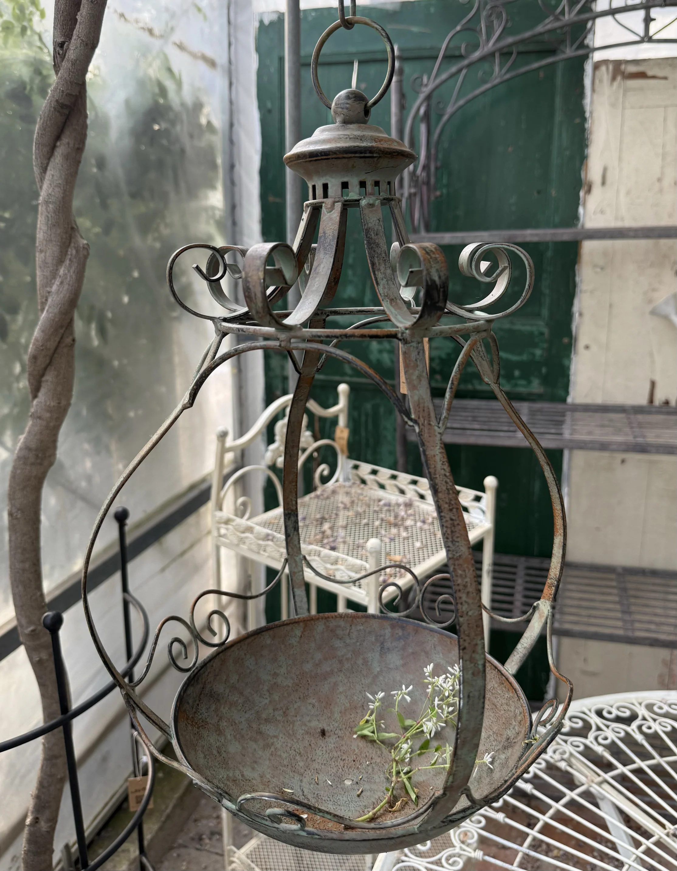 

Vintage Metal Hanging Bird Feeder and Planter with Scrollwork Design, 30cm Diameter, 80cm Height with Chain, Rustic Garden Decor