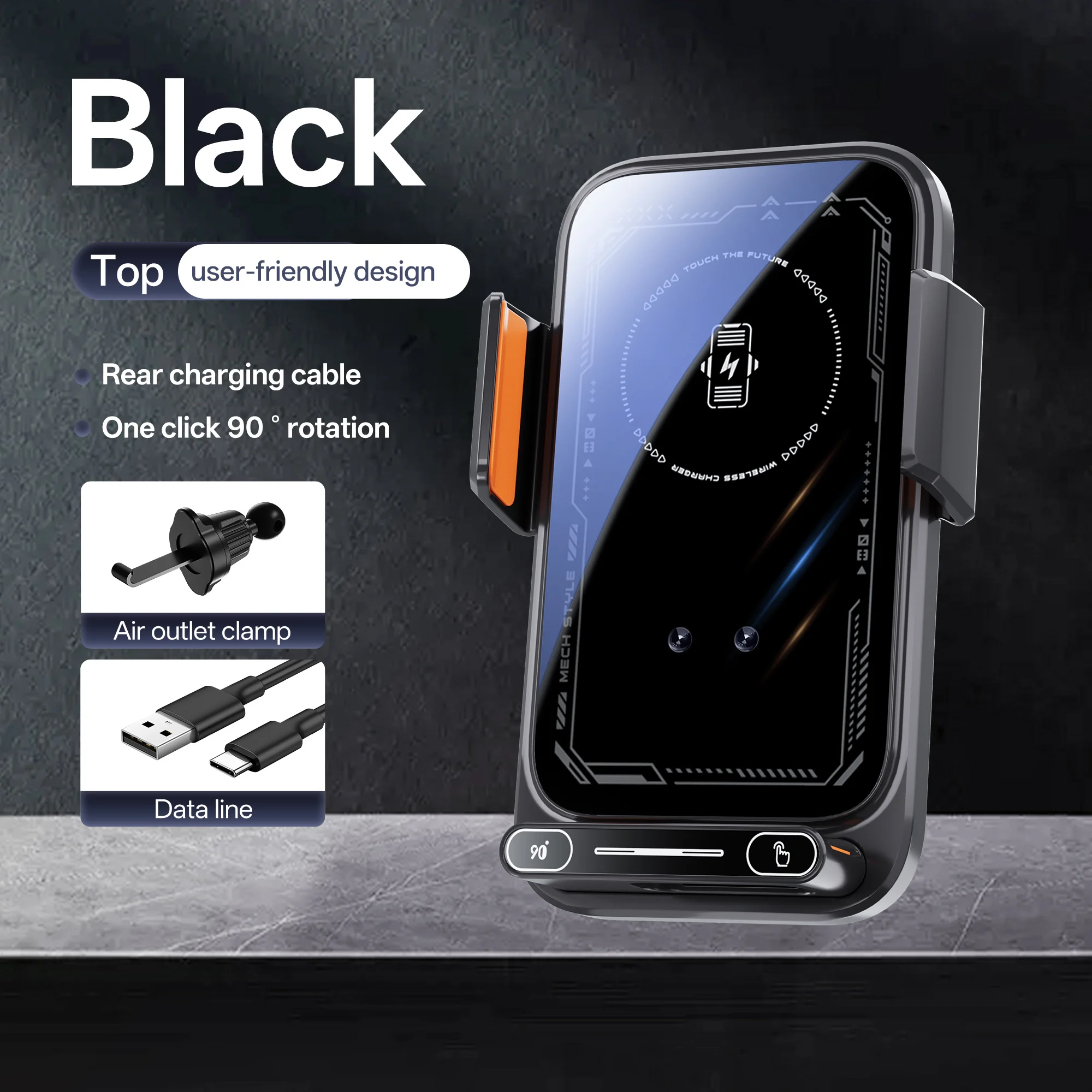 حامل هاتف السيارة الذكي الاستشعار 15 واط تشى شحن لاسلكي بمحركات دوران بلمسة واحدة الإصدار وقط منفذ كابل قابل للتدوير