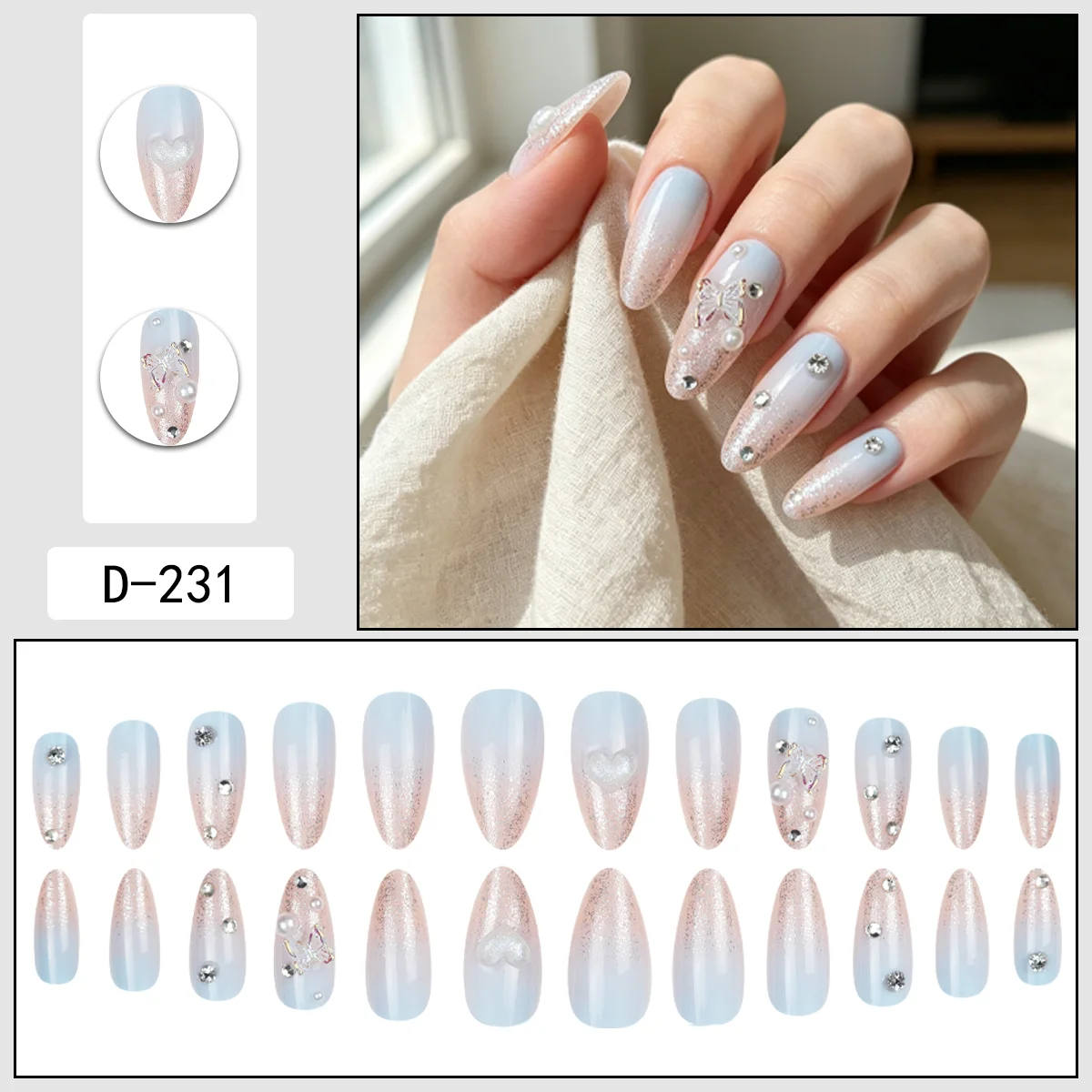 24 PCS Ice Blue Pink Gold Gradient Press-on Nails – 3D Heart & Butterfly Design, Removable, Versatile for Date & Daily Wear