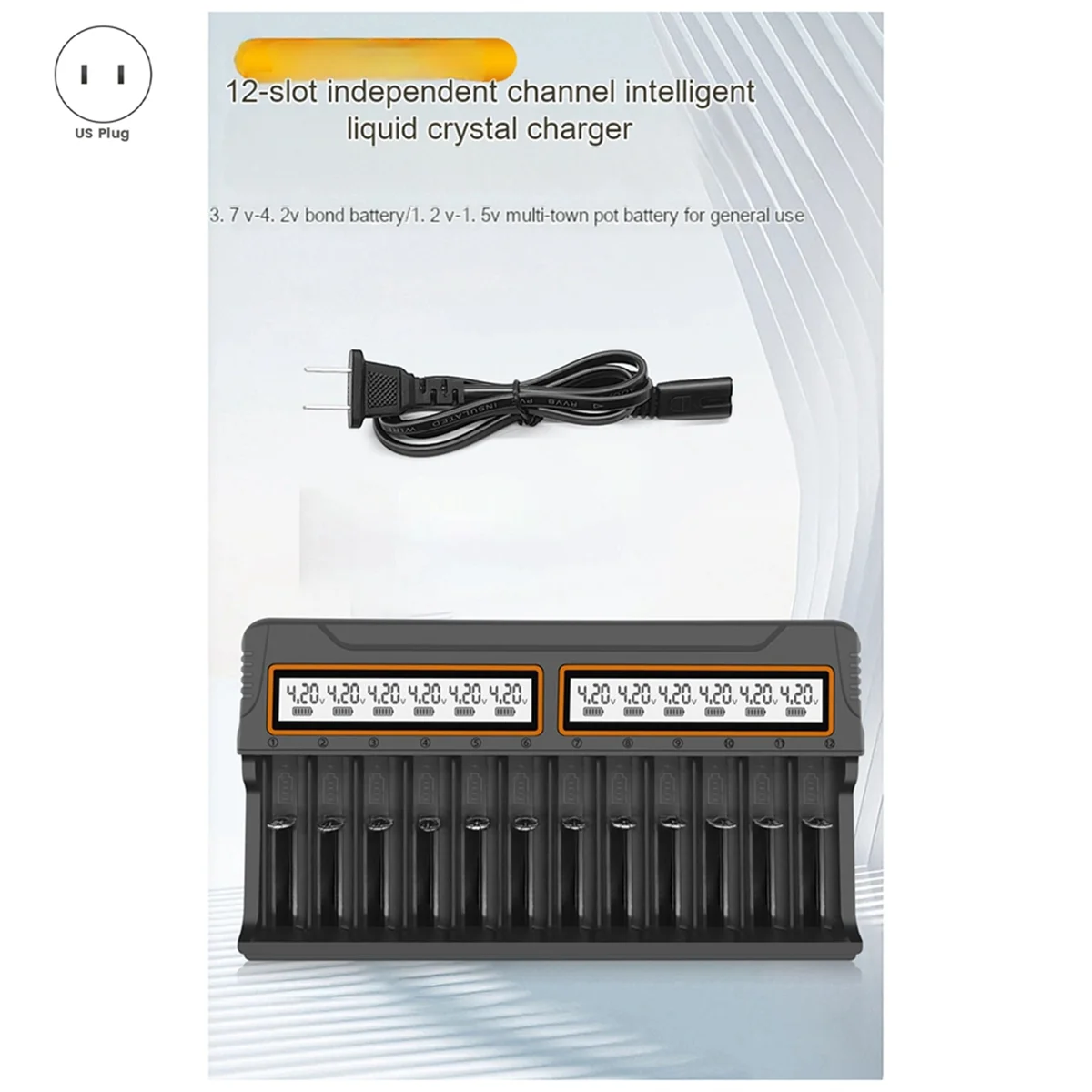 Cargador 18650 de 12 ranuras Aa.Aaa, batería de níquel Metal hidruro/litio, Cargador Universal inteligente con pantalla, enchufe estadounidense