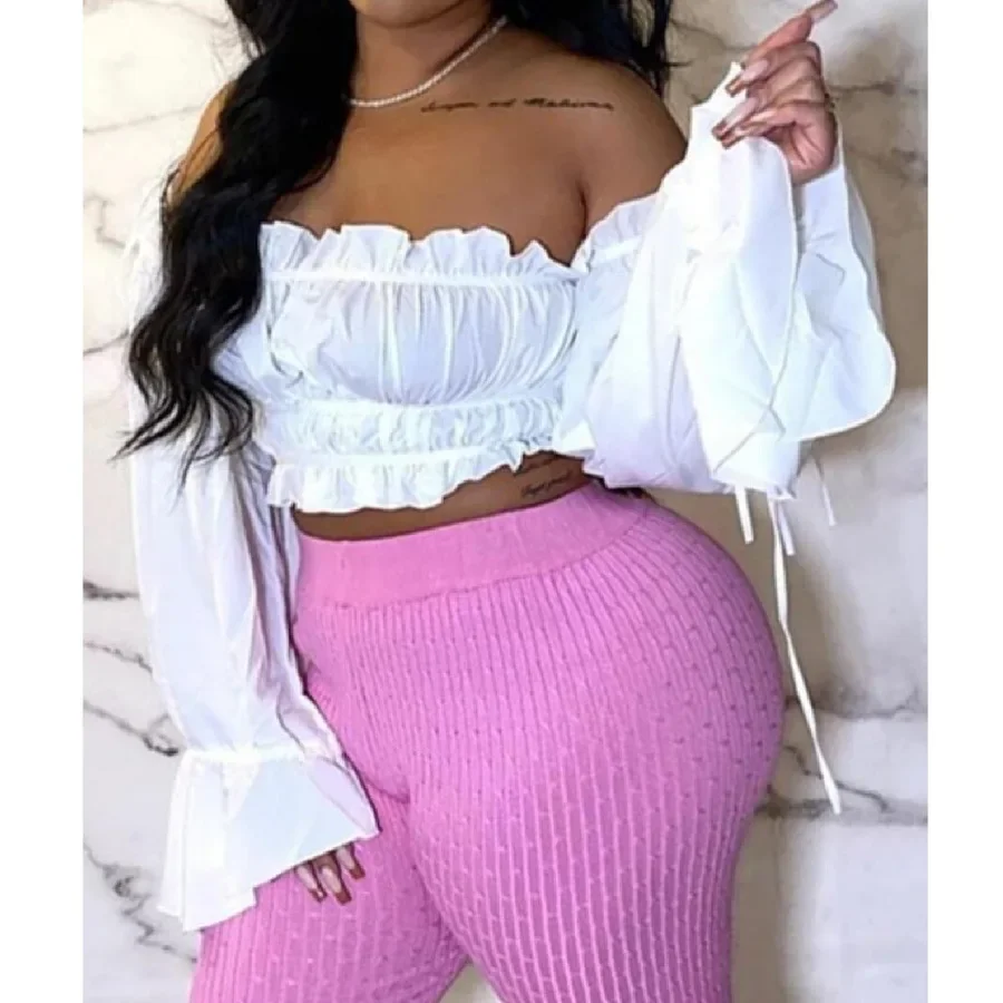 Women's 2023 Summer New Off Shoulder Pleated Chiffon Sweater Pullover Top