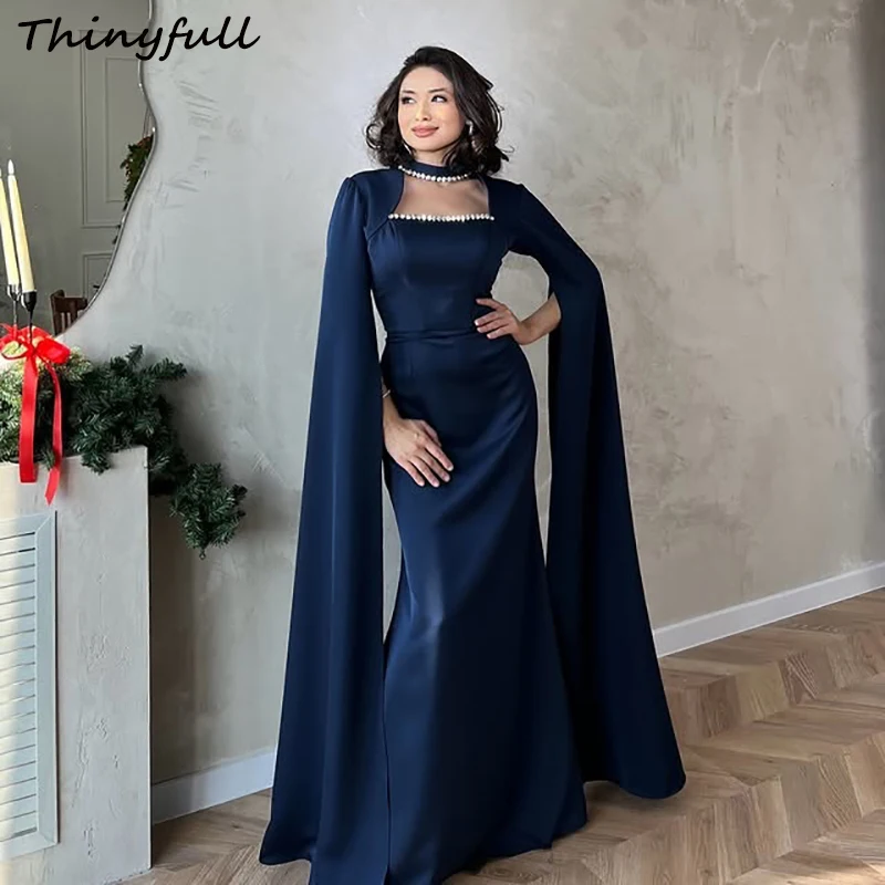 

Thinyfull Mermaid Satin Prom Dress O-neck Cap Sleeves Crystal Dubai Evening Party Dress 2025 Formal Occasion Gown Customized