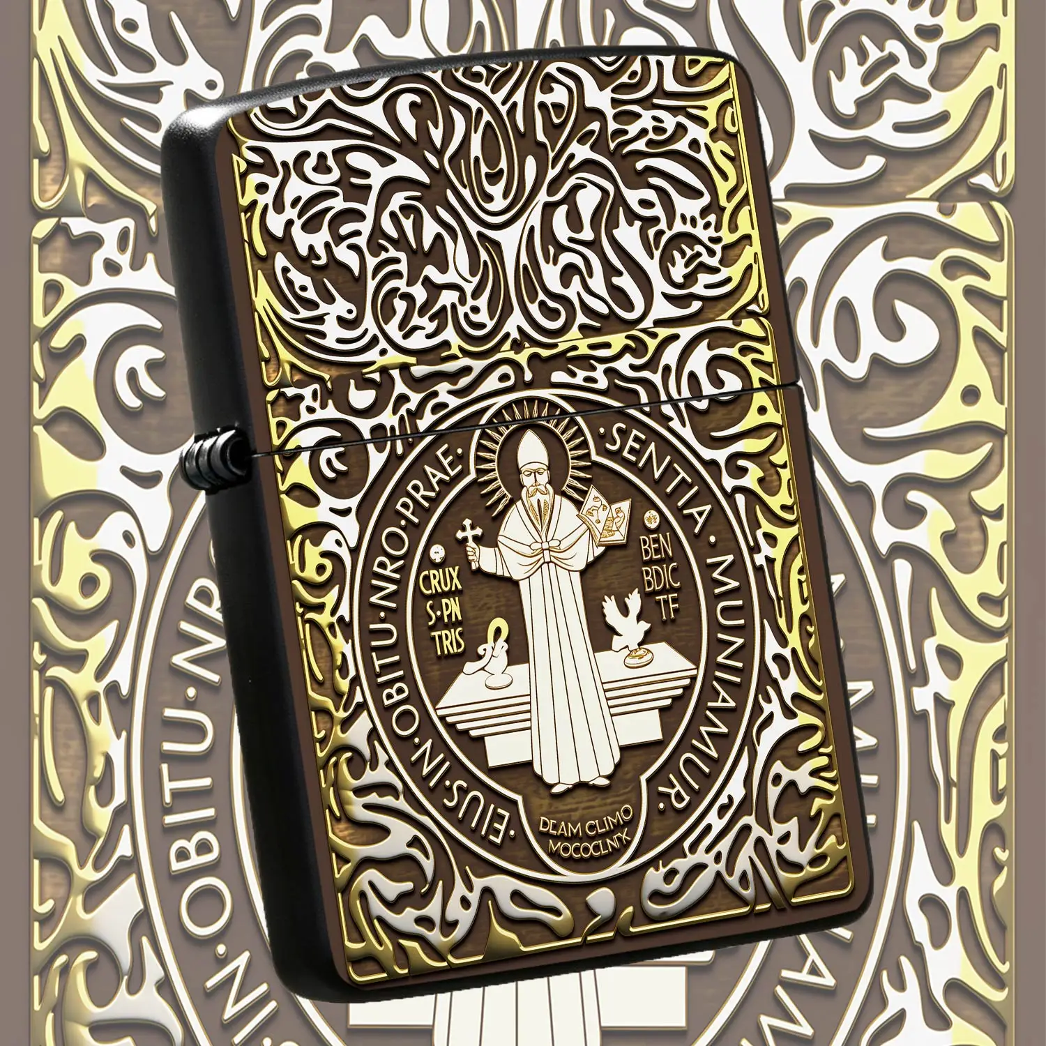 Vintage St. Benedict Engraved Lighter Ornate Carved Decorativeportable Daily Use Collectible Gift Multi-Scenario Adapted Exquisite Practical Commemorative Present   A Humorous And Interesting Lighter